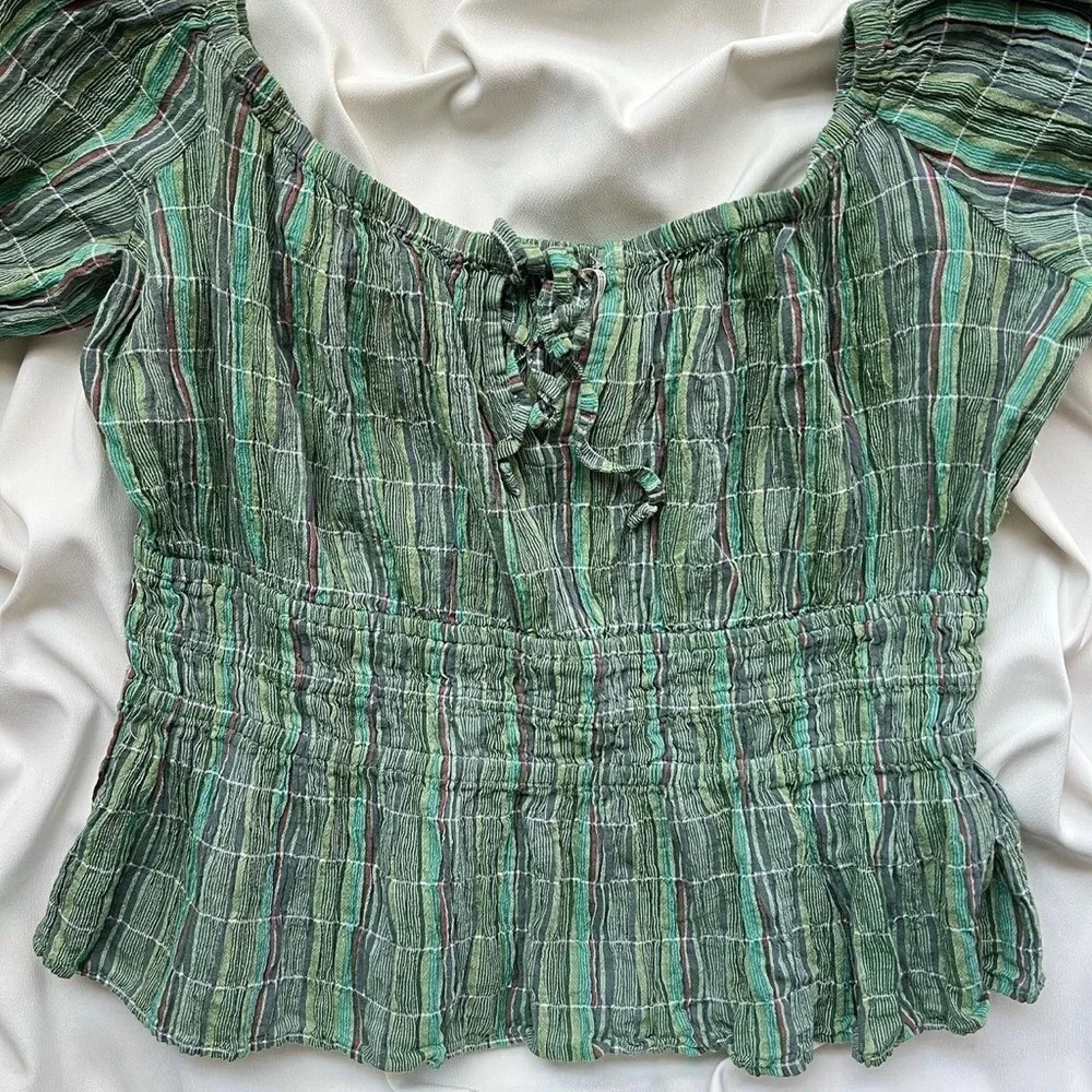 Free People Viva Smocked Green Stripe Top